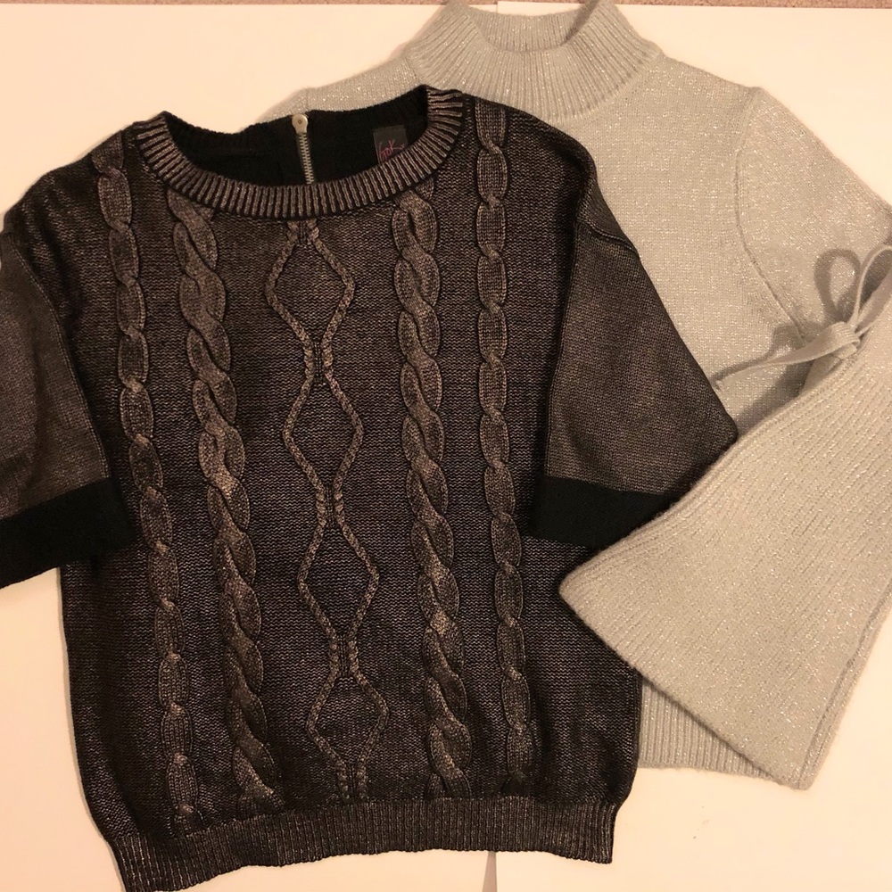 UK Tu brand sweaters silver sparky bell sleeve & pewter metallic cable knit